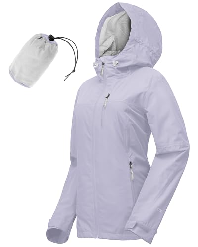Image of 33,000ft Women's Lightweight Waterproof Jacket Packable Hooded Rain Jacket Breathable Windbreaker Softshell Raincoat for Outdoor Running Walking Hiking (Purple-2XL/UK 20-22)