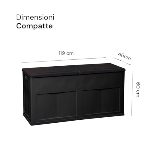 Avilia Baúl portaobjetos de exterior – Baúl para herramientas y artículos de jardinería, de resina resistente y paneles de madera, 320 l, 119 x 46 x 60 cm, negro - imagen 3