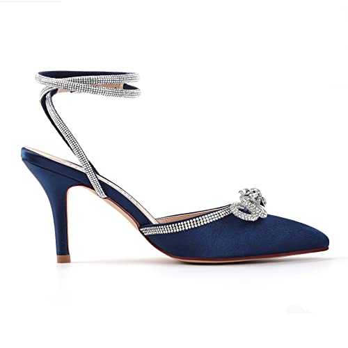 ELEGANTPARK Heels for Women Pointed Closed Toe Shoes Sexy Ankle Strap Rhinestones Bow High Heel Pumps Satin Wedding Evening Prom Dress Shoes3