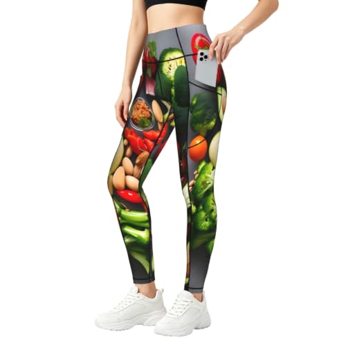 Pantalones de yoga con estampado de comida sana y bolsillos laterales prácticos