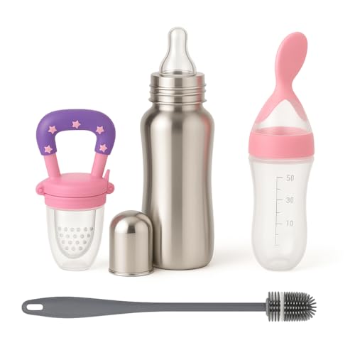 Image of Shark Doo Doo Stainless Steel Bottle for Babies (0-12 Months) - 250ml with Silicone Cleaning Brush (Combo Pack) | BPA Free (SS 4in1 Combo Pink)