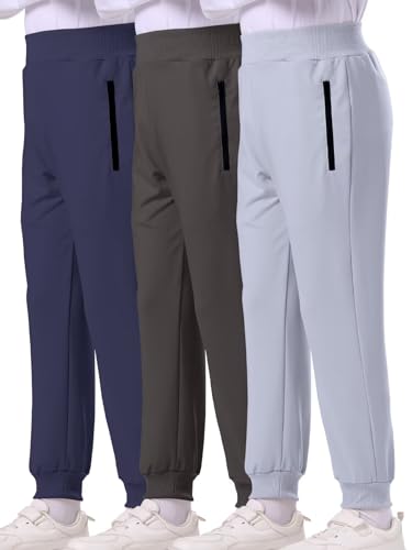 BINPAW 3 Pack Boy's Pull On Sweatpants Active Jogger Pants with Zipper Pocket Athletic Pants for Kids, Blue/Dark Gray/Gray, 7-8 Years = Tag 130
