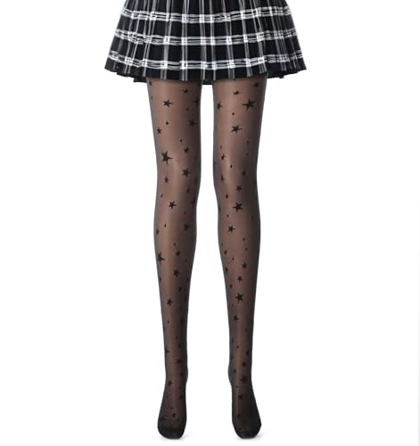 Star Tights for Women, Black Pattern Tights, Decorative Tights, Durable & Resistant to Snagging Patterned Pantyhose, Smooth Black Stockings with Design, Black