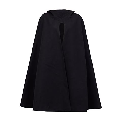 Clothink Women Black Wool Hooded Split Front Poncho Cape L Cover