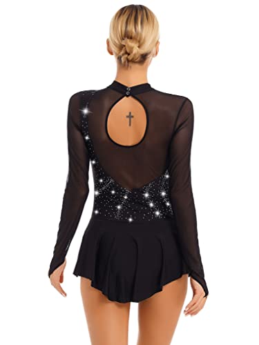 Freebily Women'S Figure Ice Skating Dress Long Sleeve Shiny Rhinestones Roller Skating Lyrical Dance Costume Black E Medium thumb #3