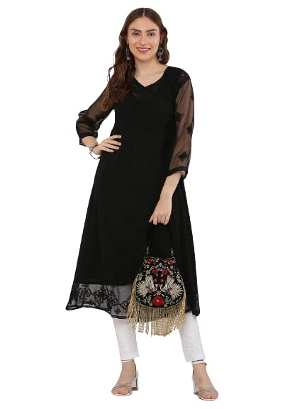 Image of FAWOMENT Ethnic Designer Angarkha A-Line Georgette Kurta with Exclusive Hand Embroidered Lucknowi Chikankari for Women