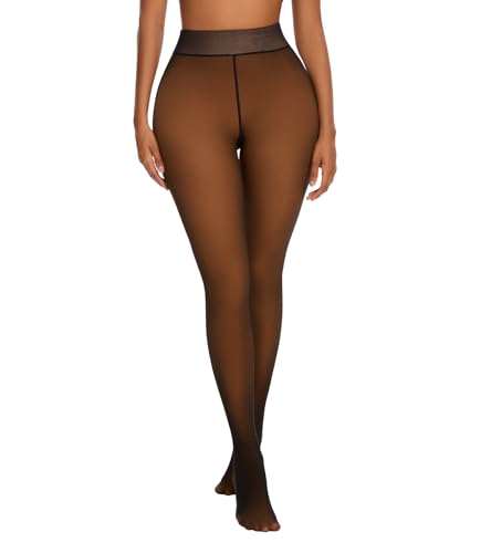 Fleece Lined Thermal Tights for Women, High Waist Tummy Control Fake Translucent Pantyhose, Fake Translucent Brown, Small