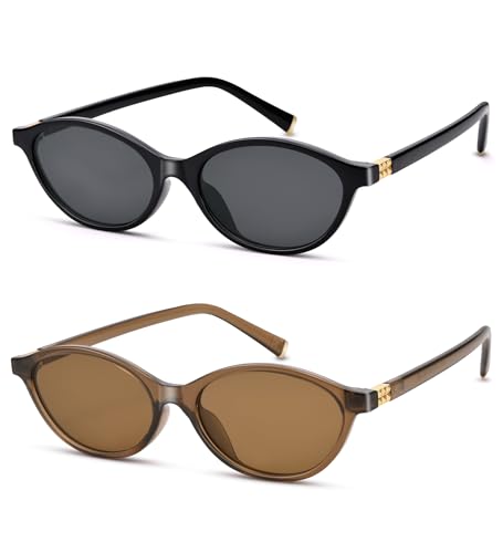 NULOOQ Retro Oval Sunglasses for Women Chic Cat Eye 90s Sunnies Lightweight Narrow Sun Glasses