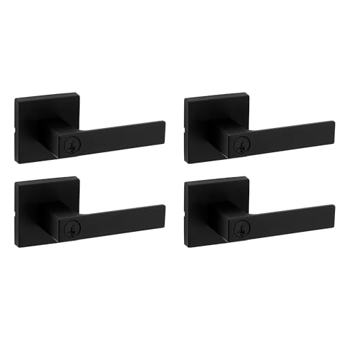 Image of Kwikset Singapore Entry Door Handle with Lock and Key, Secure Keyed Reversible Lever Exterior, For Front Entrance and Bedrooms, Matte Black, Pick Resistant Smartkey Rekey Security and Microban, 4 Pack