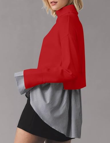 Image of Turtleneck Asymmetrical Sweaters for Women Patchwork 2 in 1 Pullover Knit Sweater Slit Button Down Shirt 2026 Fall