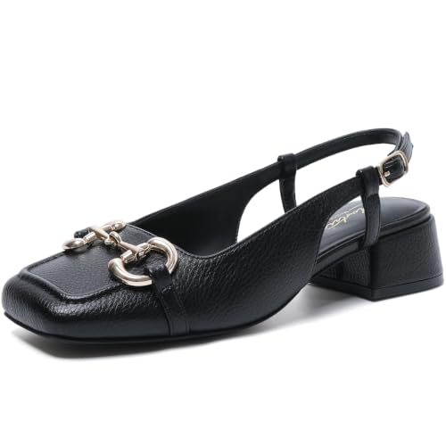 Image of Mostrin Mary Jane Shoes Women Slingback Chunky Low Heels for Women Closed Rounded Toe Ankle Strap Pumps Daily Wedding Party Dress Shoes