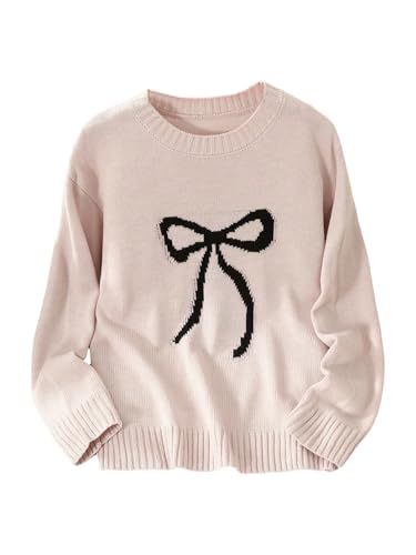 Image of BEAUDRM Girl's Bow Sweater Crew Neck Cute Sweaters Long Sleeve Knit Pullovers Sweater
