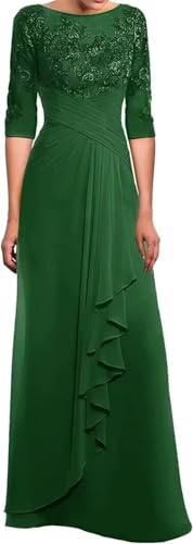 Absyore Women's Chiffon 3/4 Sleeve Mother of The Bride Dress with Ruffles Emerald Green Lace Applique Mother of The Groom Dresses for Wedding Size 2