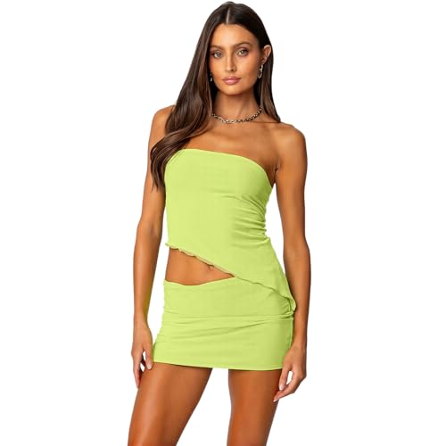 Image of Goafuliy Two Piece Skirt Set for Women Summer Asymmetrical Mesh Strapless Tube Tops Mini Skirt Set Going Out Outfits