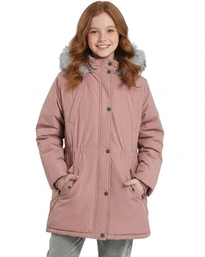 Image of SOLOCOTE Big Girls Parka Winter Coat – Kids Insulated Long Warm Jacket Water-Resistant Heavyweight with Faux Fur Hooded Pink 8 Years