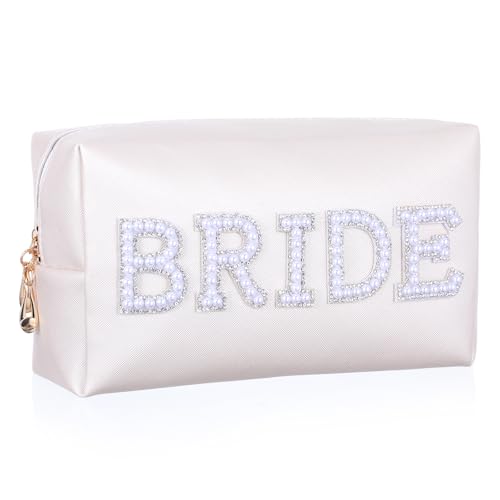 Ymapinc Perlen Strasssteinen Weiße Braut Make Up Tasche，Kulturbeutel Braut Kosmetiktasche Geldbörse Damen Reise Kulturtasche Verlobungsgeschenk Bachelorette Party Accessories Verlobung Geschenk