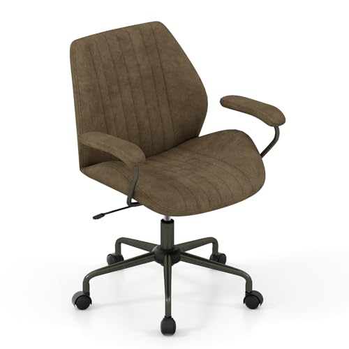COSTWAY Chaise de Bureau Ergonomique, Chaise de Travail Pivotante en Tissu Daim à roulettes, Ajustable en Hauteur, Accoudoirs Rembourrés, pour Salle de...