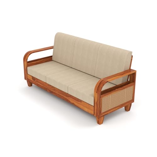 Image of Sheesham Wooden 7 Seater Sofa for Living Room | Solid Wood Sofa with Rattan Cane Side Rack | Rosewood Sofa Set for Home & Office | Lounge (Honey, 3+2+2 Seater)