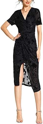 Women’s Casual Summer V-Neck Wrap Midi Split Elegant Cocktail Party Evening Formal Dress Business Work Office Dress