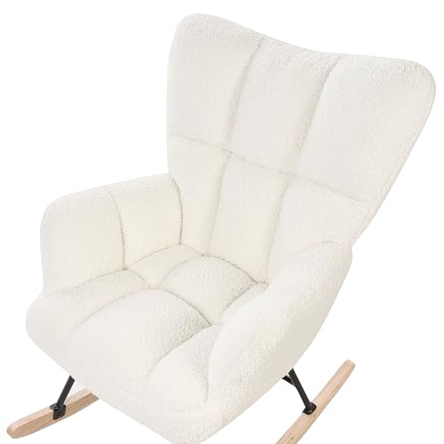 Fotel bujany tapicerowany materiałem boucle drewniane płozy biały Oulu