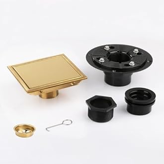 Square Shower Drain, Gold Shower Drain 6 inch with Flange and 2 in 1 Tile-Insert Cover, AISI 304 Stainless Steel Gold Shower Floor Drain with Hair Catcher and Flange