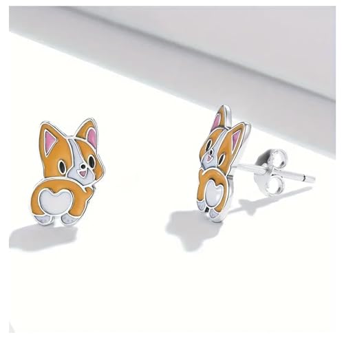 Adorable Corgi Dog Stud Earrings, Silver-Tone with Orange and Pink Enamel4
