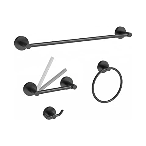 Fixsen 4 Pieces Bathroom Hardware Accessories Set (18-Inch Single Towel Bar, Towel Ring, Toilet Paper Holder, Double Towel Hooks) Matte Black Stainless Steel and Zinc Alloy Wall Mounted Cover