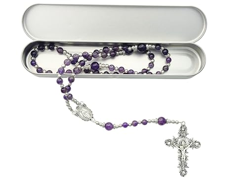 Intercession Amethyst Rose Catholic Rosary – Handcrafted Healing Purple Gemstone Prayer Beads with Silver Crucifix3