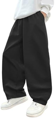Boys Baggy Pants Kids Elasticated Waist Trendy Teenage Boys Cargo Trousers Work with Pocket Stretchy Comfy School Outdoor Casual Streetwear Bottoms