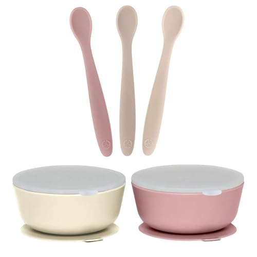 Image of WeeSprout 3 Silicone Baby Spoons & 2 Bowls with Lids Bundle - Soft-Tip, Bendable Feeding Utensils - Durable, Travel-Friendly, Dishwasher Safe - Yellow & Purple