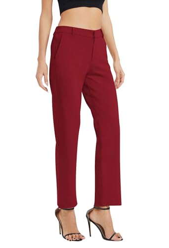 EXCHIC Femmes Commercial Jambes Droites Elastique Taille Pantalon Décontractés Confort Pantalons avec Poches(L, Vin Rouge) – vue 5