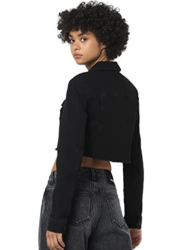 Image of ONLY Women Black Solid Cropped Denim Jacket