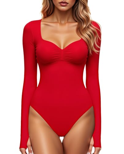 GJY Damen Bodysuit mit Quadratischem V-Ausschnitt, Sexy Oberteile Mode Langarm Going Out Tops Stretchy Körper Anzug,Kandis rot