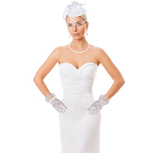 5Pcs Fascinators Hat Veil Mesh Headband Set Tea Party Fascinators Set Lace Gloves, Pearl Necklace, Bracelet, Earrings (White) #TOP5