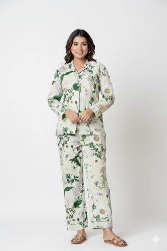 Image of Women's Cotton Printed Night Suit Set | Soft & Breathable Sleepwear with Top and Pajama | Stylish Nightwear for Daily Use - All Season Use