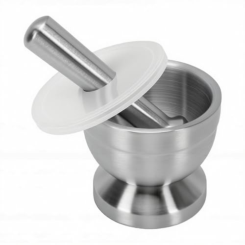 Jenivaint Juego de Mortero y Maja, Molinillo Multiusos de Acero Inoxidable 304 con Tapa, Base Antideslizante para Condimentos de Cocina, Pesto de Guacamole (talla pequeña)