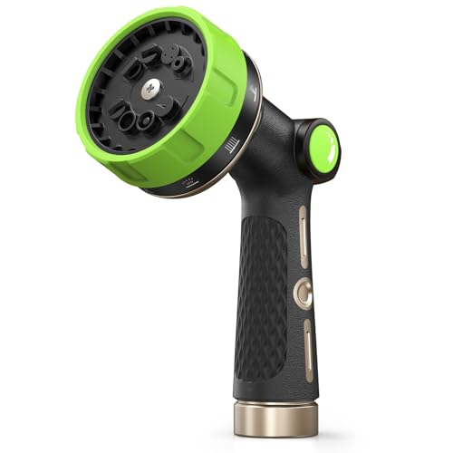 RAINPOINT Garden Hose Nozzle Heavy Duty - 100% Metal Thumb Control Spray Nozzles for Garden Hose High Pressure, 10 Patterns Water Hose Nozzle for Car Wash, Watering Lawn and Pets, Green