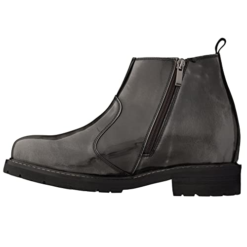 CALTO Men's Invisible Height Increasing Elevator Shoes - Grey Patent Leather Chelsea-zip Boots - 3.6 Inches Taller - K8991- Size 9 D(M) US3