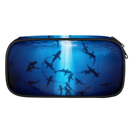 Image of Ocean Animal Sharks Pencil Case Pen Holder Large Capacity Black Stationery Organizer Pencil Bag with Zipper for Boys Girls Sea Sharks Kids Pencil Pouch Storage Box for School College Office