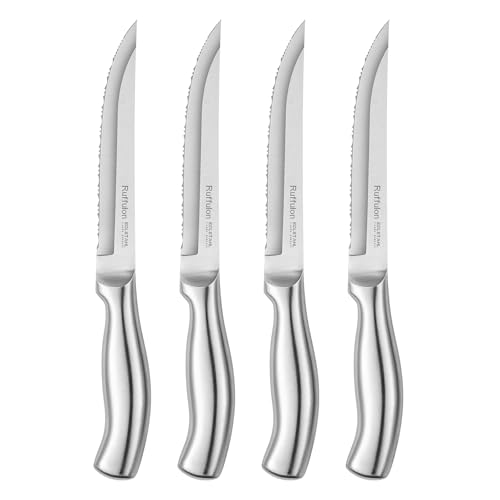Ruffulon Steak Knives,Steak Knives Set of 4,Ultra Sharp Serrated Kitchen Knives with Ergonomic Handle,Stainless Steel Steak Knife Set,Multipurpose Dinner Knives,Dishwasher Safe,Rust-Proof