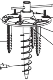 Exploded view diagram of the LUTEC Ground Spike showing how the main spike, base plate, and three stabilizing spikes connect.