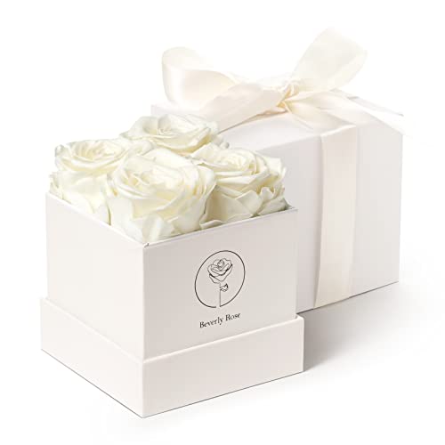 Beverly Rose 4Pcs White Square Forever Flower Box of Roses Real Eternity Roses Preserved Flowers â€“ Fresh Forever Roses That Last a Year Or More, Preserved Roses In a Box, Flowers For Delivery Prime