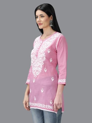 Image of Seva Chikan Hand Embroidered Lucknowi Chikankari Cotton Short Top Tunic for Women SCL9017