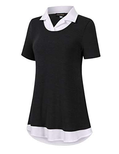 Glorystar Women's Long Sleeve Contrast Collared Shirts Patchwork Work Blouse Tunics Tops (Xxl, Short Sleeve Black) #TOP1
