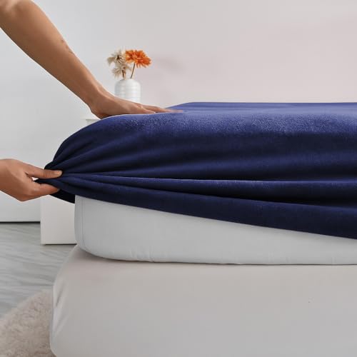 Image of VAS COLLECTIONS Luxury Warm Winter Elastic Fitted Bedsheet with 2 Pillow Covers - Ultra Soft Flannel Velvet Touch, Cozy & Wrinklefree lintfree Size - 78x72+10 Inches (Navy Blue)