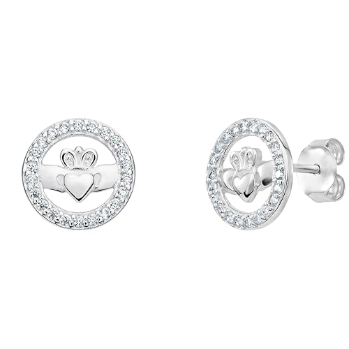 Aeon Claddagh Earrings - Irish Celtic Jewellery | 925 Sterling Silver | Gift Box & Polishing Cloth Included (Silver & Cubic Zirconia)
