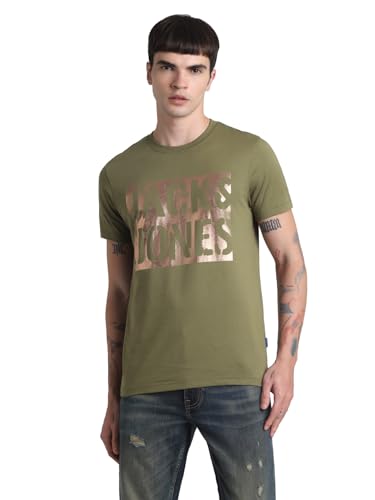Image of Jack & Jones Men's Typography Printed Round Neck Short Sleeves Cotton Slim Fit Letter Print T-Shirt