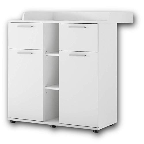 Stella Trading BIBO Praktische Baby Wickelkommode inkl. Aufsatz - Vielseitiger Wickeltisch mit viel Stauraum in weiß - 89 x 101 x 78 cm (B/H/T)