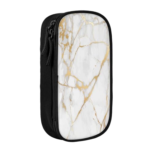 Image of Perinsto Golden And White Marble Print Pencil Case Big Capacity Multi Compartment Stationery Box Pencil Pouch Holder Desk Organizer For School Office Home