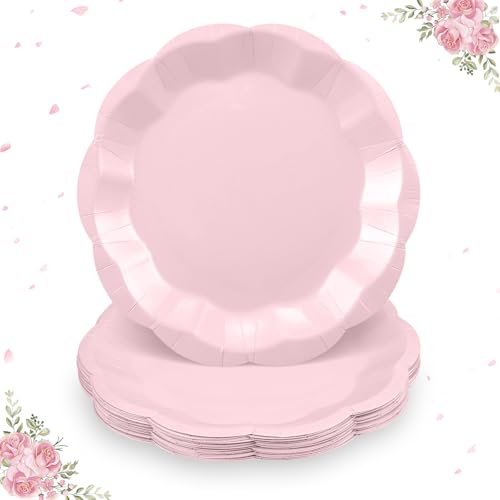 NatNarr 30pcs Pink Plates, 7inch Scalloped Pink Paper Plates Disposable Pink Dessert Cake Plate Small Party Plate for Wedding, Easter Party, Baby Shower, Bridal Shower, Mother's Day